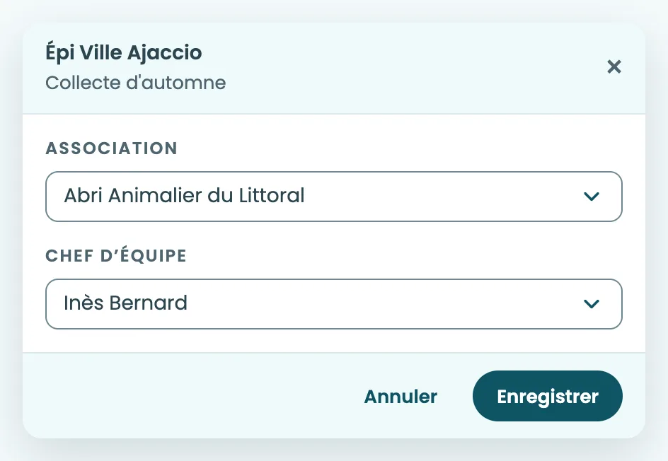 La fenêtre d’un magasin, avec les listes Association et Chef d’équipe, puis Enregistrer