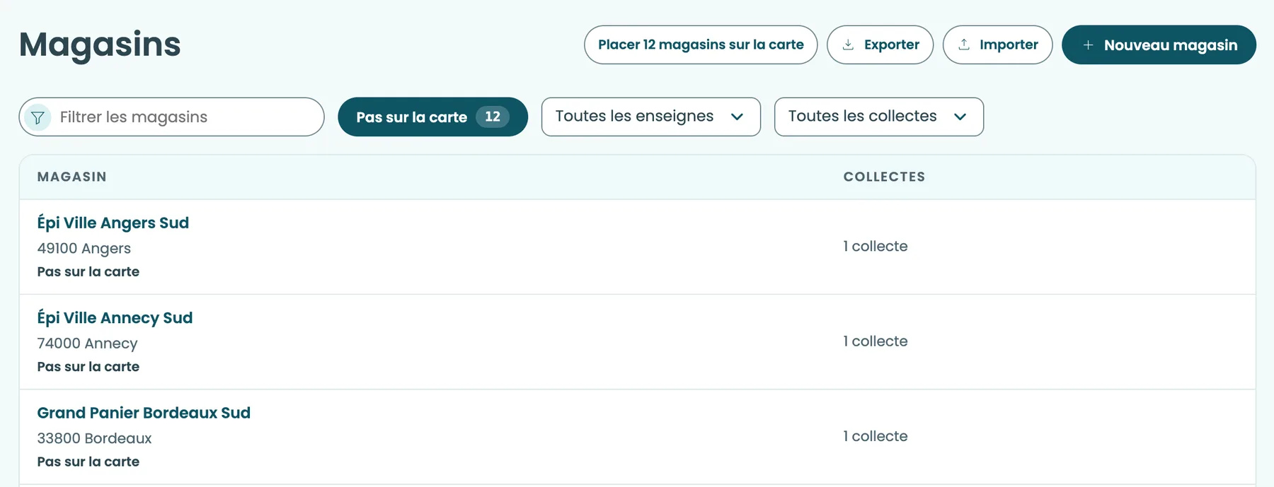 Le menu Magasins, avec le bouton Placer 12 magasins sur la carte et le filtre Pas sur la carte
