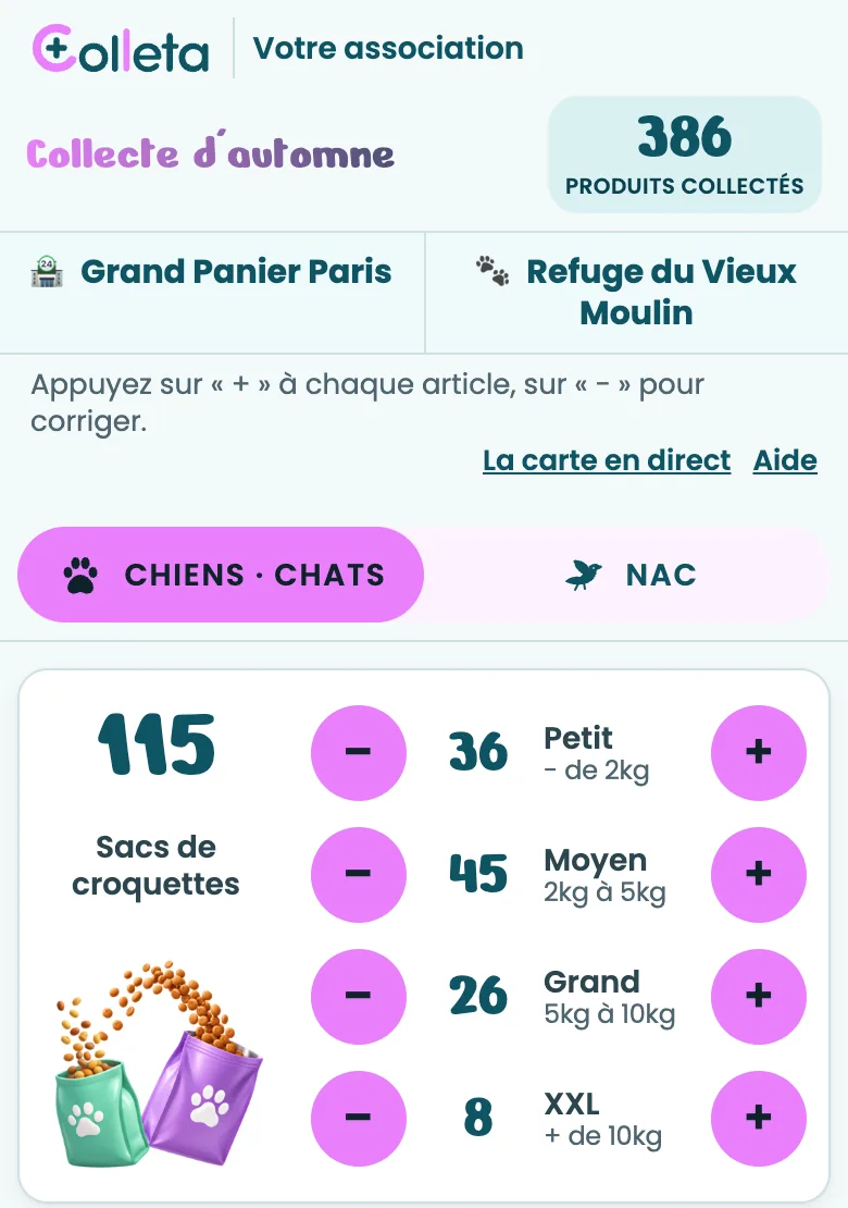 La page de comptage sur un téléphone, avec le total du lieu en haut et un bouton moins et un bouton plus par produit