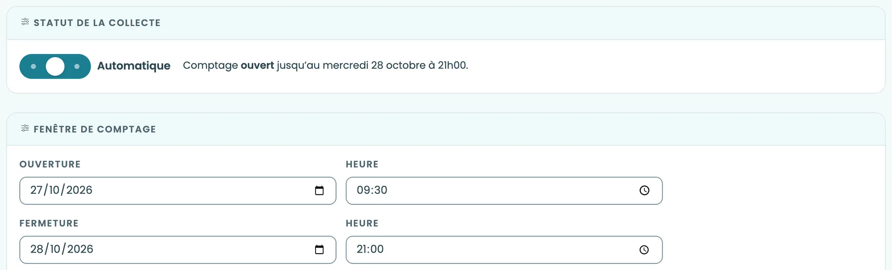 Le statut de la collecte sur Automatique, avec sa phrase, puis la fenêtre de comptage avec l’ouverture et la fermeture, chacune avec son heure