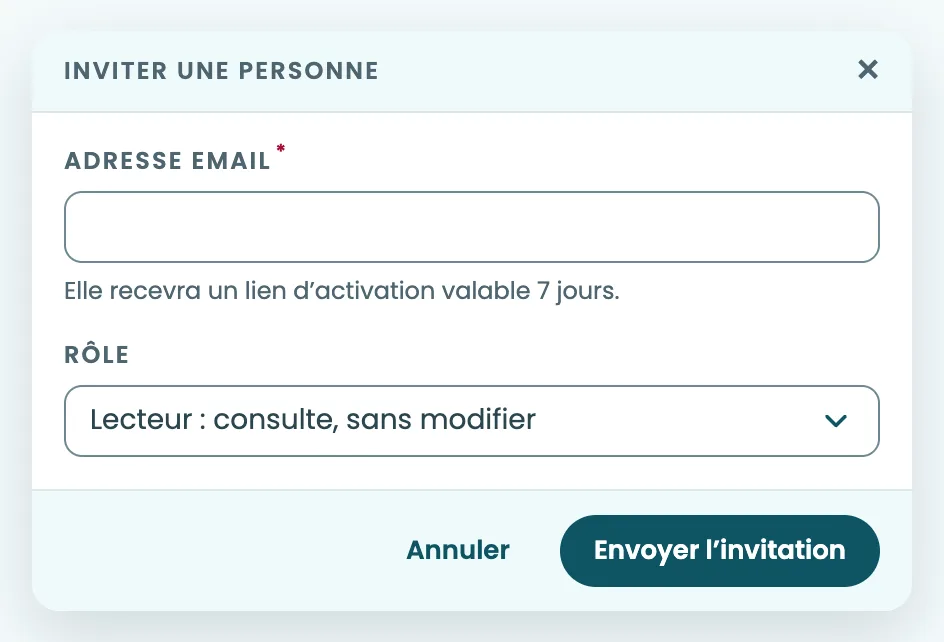 La fenêtre Inviter une personne, avec Adresse email, Rôle sur Lecteur et Envoyer l’invitation
