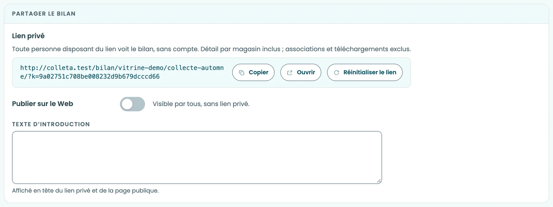 Le bloc Partager le bilan, avec le lien privé et ses boutons Copier, Ouvrir et Réinitialiser le lien, puis Publier sur le Web décoché