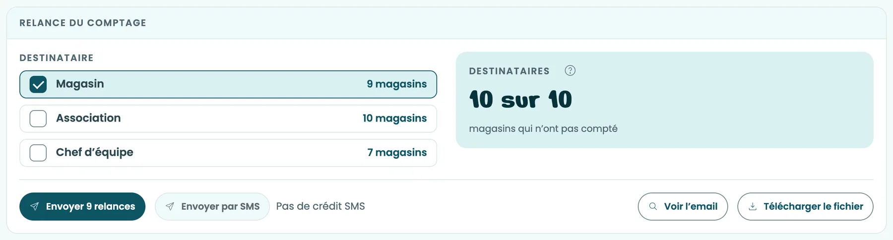 Le bloc Relance du comptage, avec Magasin coché et le bouton Envoyer 9 relances